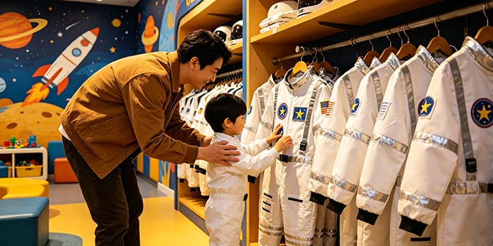 A family buys astronaut suits at the astronaut costume pavilion in a space-themed indoor amusement park