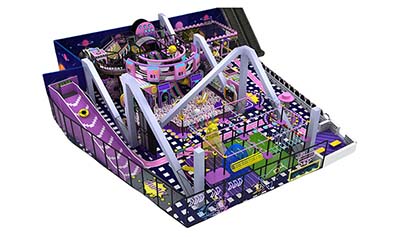 Comparison of space robot themed indoor playground with neon rocket towers and candy themed soft play area with pastel donut and lollipop structures