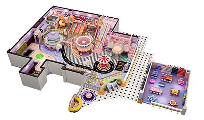 Comparison of space robot themed indoor playground with neon rocket towers and candy themed soft play area with pastel donut and lollipop structures